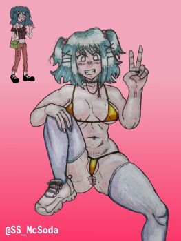 1girl anus bikini breasts choker e-kid_fashion gold_bikini hair_ornament highres lacey_(lacey_games) lacey_games medium_breasts medium_hair piercing pubic_hair smile soundsweet_mcsoda spread_legs swimsuit thighhighs twintails v white_eyes