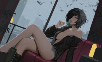 1girl black_hair black_shirt chainsaw_man collared_shirt commentary couch crossed_legs eating eyepatch food food_in_mouth green_eyes highres himeno_(chainsaw_man) holding holding_food holding_popsicle looking_at_viewer neo_(neorarty3) off_shoulder on_couch open_clothes popsicle popsicle_in_mouth shirt short_hair sitting solo