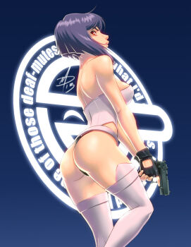 1girl ass bare_shoulders belt blue_background breasts female_focus fingerless_gloves ghost_in_the_shell gloves gun handgun kusanagi_motoko large_breasts laughing_man_(gits) leotard pistol polarityplus purple_hair red_eyes short_hair solo thighhighs thong_leotard trigger_discipline weapon white_thighhighs