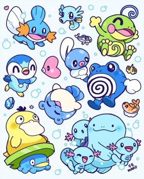 artist_name black_eyes blue_background blue_eyes blush bright_pupils bubble closed_eyes commentary evolution_stone evolutionary_stone gen_1_pokemon gen_2_pokemon gen_3_pokemon gen_4_pokemon gen_7_pokemon happy heart highres horsea king&#039;s_rock lotad luvdisc mamobot mudkip nintendo no_humans open_mouth piplup pokemon pokemon_(creature) politoed poliwag poliwhirl psyduck quagsire spheal symbol-only_commentary tatsugiri tatsugiri_(curly) water_stone white_pupils wishiwashi wishiwashi_(solo) wooper