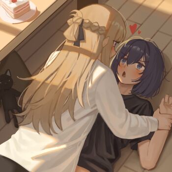 2girls black_shirt blue_eyes blue_hair braid brown_hair cat commentary_request earrings half_up_braid heart jewelry long_hair long_sleeves milktea_(gggrrr2000) miyagi_shiori multiple_girls purple_eyes sendai_hazuki shirt short_hair shuuniichido_classmate_wo_kau_hanashi white_shirt yukadon yuri