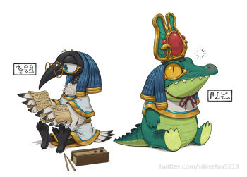 artist_name beak bird blue_eyes crocodile crocodilian egyptian_mythology glasses hieroglyphics parchment round_eyewear silverfox5213 sitting sobek_(mythology) thoth_(mythology) twitter_username watermark web_address