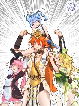 5girls absurdres ancient_greek_clothes armor augusta_(wuthering_waves) black_collar blonde_hair blue_hair blush bow breastplate breasts chinese_commentary closed_eyes closed_mouth collar commentary_request dress earrings encore_(wuthering_waves) flower greco-roman_clothes green_dress green_eyes hair_bow hair_ornament hand_up highres iuno_(wuthering_waves) jewelry long_hair looking_ahead medium_breasts multiple_girls open_mouth orange_hair pink_bow pink_hair pink_pupils sitting sitting_on_person sitting_on_shoulder smile sun_earrings syka_ww tacet_mark_(wuthering_waves) thick_eyebrows verina_(wuthering_waves) white_background white_collar white_flower wuthering_waves youhu_(wuthering_waves)