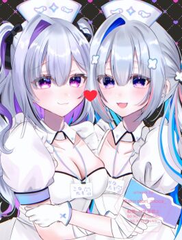 Rule 34 | 1girl, amane kanata, amane kanata (nurse), amane konata, apron, armband, bandaged arm, bandages, blue eyes, blue hair, breasts, cleavage, closed mouth, collarbone, colored inner hair, commentary request, dress, frilled apron, frills, gloves, grey hair, hair between eyes, hair ornament, hat, hololive, id card, lanyard, large breasts, light blush, long hair, looking at viewer, maid apron, multicolored hair, nurse, nurse cap, official alternate costume, official alternate hair length, official alternate hairstyle, open mouth, pantyhose, puffy short sleeves, puffy sleeves, shiratori moca, short sleeves, single hair intake, smile, twintails, two-tone hair, very long hair, virtual youtuber, white apron, white dress, white gloves, white pantyhose, x hair ornament