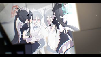 2girls :d ^_^ apron apron_hold aqua_halo aqua_ribbon aris_(blue_archive) aris_(maid)_(blue_archive) back_bow black_dress black_hair black_wrist_cuffs blue_archive blurry blurry_background blush bow chromatic_aberration closed_eyes collared_dress commentary_request dress frilled_apron frilled_dress frills from_behind garter_straps halo hands_up happy high_side_ponytail highres jpeg_artifacts kei_(blue_archive) letterboxed long_hair looking_at_mirror maid maid_apron mirror multiple_girls neck_ribbon official_alternate_costume open_mouth ponytail profile puffy_short_sleeves puffy_sleeves rectangular_halo red_eyes red_halo reflection ribbon shibumenigai short_sleeves skirt_hold smile sweatdrop thighhighs very_long_hair white_apron white_bow white_thighhighs wrist_cuffs