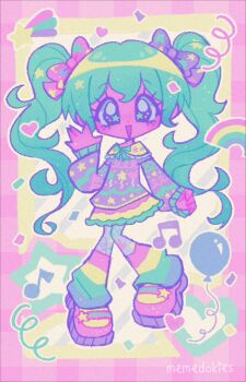 Rule 34 | abby (memedokies), artist name, balloon, border, bow, colored skin, fairy kei, green hair, hair bow, hatsune miku, musical note, pastel colors, pink border, pink skin, rainbow, shooting star, star (symbol), star in eye, symbol in eye, twintails, vocaloid, waving, wavy hair, yume kawaii