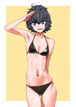 1girl :d absurdres arm_behind_back arm_up armpits bikini black_bikini black_hair blue_eyes border collarbone commentary cowboy_shot gluteal_fold highres kinomiki looking_at_viewer marnie_(meitantei_marnie) meitantei_marnie navel open_mouth outside_border salute short_hair simple_background smile solo swimsuit thighs wavy_hair white_border yellow_background