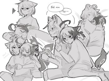 >_< 2girls absurdres animal_ears cecilia_immergreen closed_mouth commentary controller cuddling english_text fang game_controller gigi_murin greyscale hashtag-only_commentary highres holding holding_controller holding_game_controller hololive hololive_english hug monochrome multicolored_hair multiple_girls short_hair short_sleeves sleeping speech_bubble squiggle sticker_sr streaked_hair virtual_youtuber winding_key yuri