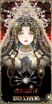 1girl absurdres beads behind_prayers_(infinity_nikki) black_gloves brown_hair chain choker circlet crown dagger dress earrings english_text eyelashes eyeshadow fireflies gem gloves gold_chain gold_circlet gold_earrings gold_necklace gold_ring green_eyes heart highres indoors infinity_nikki interlocked_fingers jewelry knife long_hair makeup necklace nikki_(series) own_hands_clasped own_hands_together parted_bangs picture_frame praying red_gemstone red_sky sad sijiu_49 sky solo straight-on upper_body veil wavy_hair weapon white_crown white_dress white_veil window yellow_eyeshadow