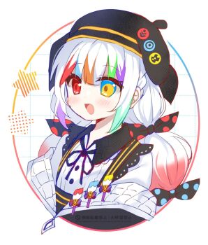 1girl :d beret blunt_bangs bow collared_shirt hat heterochromia highres jogasaki_noah long_hair looking_at_viewer mahou_shoujo_no_majo_saiban multi-tied_hair multicolored_hair neck_ribbon open_mouth paint_stains paintbrush polka_dot polka_dot_bow red_eyes ribbon shikito_(yawa0w0) shirt smile solo star_(symbol) streaked_hair upper_body white_background white_hair white_shirt yellow_eyes