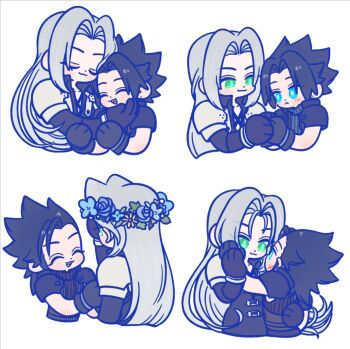 105zz 2boys :3 arm_around_waist armor black_coat black_gloves black_hair blue_eyes blue_flower chest_strap closed_eyes closed_mouth coat crisis_core:_final_fantasy_vii cropped_torso cross_scar earrings facial_scar final_fantasy final_fantasy_vii flower gloves green_eyes grey_hair hair_slicked_back hand_on_another&#039;s_cheek hand_on_another&#039;s_chin hand_on_another&#039;s_face head_wreath holding_hands jewelry light_blush long_hair looking_at_another male_focus multiple_boys parted_bangs pauldrons scar scar_on_cheek scar_on_face sephiroth shoulder_armor sideburns single_earring sleeveless sleeveless_turtleneck slit_pupils suspenders turtleneck white_background yaoi zack_fair