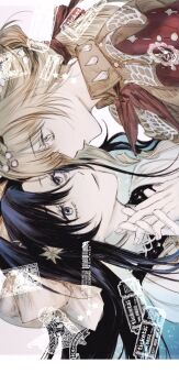 Rule 34 | 2girls, blonde hair, blue eyes, blue hair, brown dress, closed mouth, colored inner hair, dress, eye contact, face-to-face, grey background, gyujik qzc, hair ornament, hand up, highres, holding hands, interlocked fingers, kiperina, long hair, looking at another, multicolored hair, multiple girls, neckerchief, portrait, red neckerchief, reverse:1999, sideways, smile, star (symbol), star hair ornament, voyager (reverse:1999), white dress