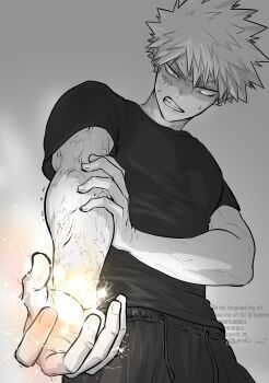 Rule 34 | 1boy, bakugou katsuki, black pants, black shirt, boku no hero academia, clenched hand, clenched teeth, commentary request, cowboy shot, facial scar, furrowed brow, glowing, glowing hand, hair between eyes, highres, holding own arm, male focus, oroshi mi, pants, scar, scar on arm, scar on cheek, scar on face, shirt, short hair, short sleeves, signature, solo, spiked hair, sweatdrop, sweatpants, t-shirt, teeth, twitter username