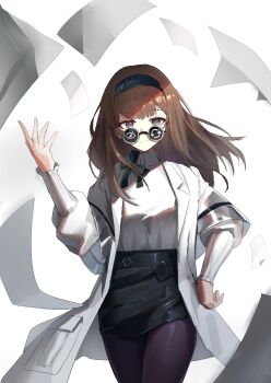1girl arknights black_hairband black_pantyhose black_skirt brown_hair chinese_commentary coat commentary commentary_request english_commentary fenglai_thewind grey_eyes hairband highres lab_coat lapels layered_sleeves long_hair long_sleeves looking_at_viewer miniskirt mixed-language_commentary open_clothes open_coat pantyhose paper priestess_(arknights) secretary_settings_(arknights) shirt short_over_long_sleeves short_sleeves simple_background skirt solo turtleneck turtleneck_shirt white_background white_coat white_shirt