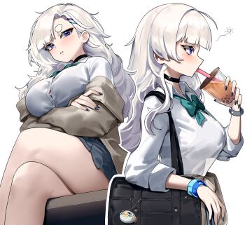 1girl bag black_bra black_nails bow bra chair drink grey_hair long_hair looking_at_another looking_at_viewer multiple_views original purple_eyes school_uniform simple_background thick_eyebrows underwear wakamepiza white_background white_hair