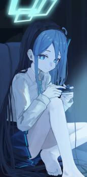 1girl absurdres aqua_halo aris_(blue_archive) black_hair black_hairband black_skirt blue_archive blue_eyes blue_necktie bright_pupils closed_mouth collared_shirt controller game_controller haimaotuanzi hairband halo highres holding holding_controller holding_game_controller knee_up long_hair long_sleeves looking_at_viewer necktie pleated_skirt rectangular_halo shirt sitting skirt solo very_long_hair white_pupils white_shirt