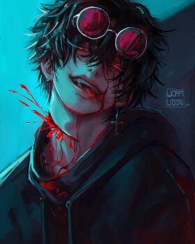 1boy black_hair black_hoodie blood blood_splatter blood_spray bloody_tears blue_light chain chain_necklace cross cross_earrings crossed_bangs double-parted_bangs earrings eyewear_on_head glowing glowing_eyes hair_between_eyes head_tilt highres hood hood_down hoodie jewelry looking_at_viewer male_focus necklace original red-tinted_eyewear red_eyes short_hair sidelighting slit_throat solo tinted_eyewear tongue tongue_out upper_body wormudon