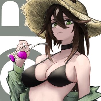 1girl animal_ears arknights bare_shoulders bikini black_bikini black_choker brown_hair choker commentary ears_through_headwear unworn_eyewear green_eyes green_jacket hair_between_eyes hand_up hat highres holding holding_removed_eyewear horse_ears jacket long_hair looking_at_viewer meteor_(arknights) mildt open_clothes open_jacket simple_background smile solo stomach sun_hat sunglasses swimsuit upper_body white_background
