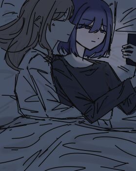 2girls black_shirt blue_eyes blue_hair brown_hair cellphone closed_eyes closed_mouth commentary cuddling fvksar4wa5mmytj highres holding holding_phone long_hair miyagi_shiori multiple_girls phone sendai_hazuki shirt shuuniichido_classmate_wo_kau_hanashi sleeping smartphone smile symbol-only_commentary under_covers white_shirt yuri