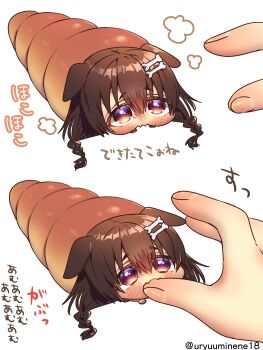 1girl animal_ears biting biting_another's_finger bone_hair_ornament bread brown_hair chibi chocolate_cornet commentary_request dog_ears dog_girl dot_nose fangs food hair_between_eyes hair_ornament harumina_mau highres hololive inugami_korone long_hair looking_at_another lying on_stomach outstretched_hand simple_background skin_fangs translation_request twitter_username virtual_youtuber white_background