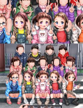 6+girls absurdres blush cellphone censored cleft_of_venus close-up dot_nose exhibitionism fat_mons flashing full_body hair_ornament higeepon highres huge_filesize loli mosaic_censoring multiple_boys multiple_girls naughty_face no_panties outdoors phone pov public_indecency public_nudity pussy shota sitting smile split_screen spread_legs thighs third-party_edit twintails upskirt v