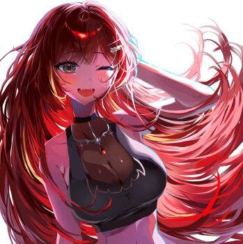 1girl :d akane_lize arm_at_side armpit_crease black_shirt blush breasts commentary crop_top cropped_shirt fangs floating_hair grey_eyes hair_ornament hairclip hand_up highres large_breasts long_hair looking_at_viewer one_eye_closed open_mouth parted_bangs red_hair red_pupils ribbon2hushyams see-through_cleavage see-through_clothes shirt simple_background sleeveless sleeveless_shirt slit_pupils smile solo stellive symbol-only_commentary upper_body virtual_youtuber white_background