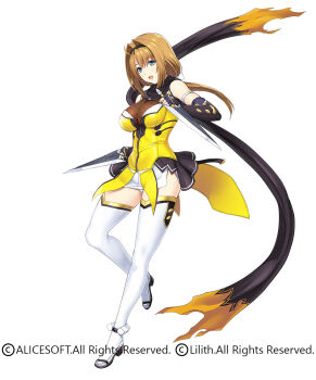 1girl blue_eyes breasts brown_hair choukou_(alicesoft) choukou_sennin_haruka commentary_request copyright_notice crossover fishnets full_body hair_intakes holding holding_kunai holding_weapon kunai large_breasts looking_at_viewer official_art onigirikun open_mouth scarf second-party_source showgirl_skirt taimanin_(series) taimanin_rpgx takamori_haruka thighhighs weapon white_background white_thighhighs