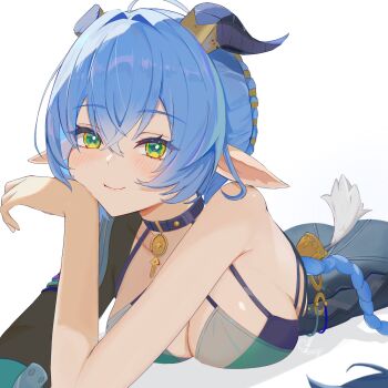 1girl ahoge animal_ears black_horns black_unitard blue_hair blush bra braid breasts choker closed_mouth collarbone commentary_request crossed_bangs goat_ears goat_girl goat_horns goat_tail green_bra green_pupils hair_between_eyes head_rest highres horizontal_pupils horns key key_choker large_breasts long_hair looking_at_viewer lucia_elowen lying on_stomach pointy_ears shadow short_tail simple_background single_bare_shoulder smile solo tail tumugi_sunohara twin_braids underwear white_background yellow_eyes zenless_zone_zero
