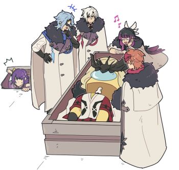 +++ 2boys 3girls ^^^ among_us arlecchino_(genshin_impact) black_hair blue_hair bone brown_hair coat columbina_(genshin_impact) corpse cosplay crewmate_(among_us) crossover dottore_(genshin_impact) eye_mask fur_collar genshin_impact gloves grey_hair hand_on_own_hip highres jitome long_hair long_sleeves looking_at_another mask mask_on_head multicolored_hair multiple_boys multiple_girls musical_note nervous_sweating netoii purple_hair raiden_shogun short_hair signora_(genshin_impact) signora_(genshin_impact)_(cosplay) sitting standing sweat tartaglia_(genshin_impact) two-tone_hair v-shaped_eyebrows very_long_hair