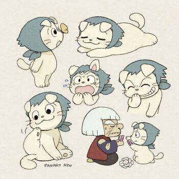 Rule 34 | 1girl, :3, :o, artist name, ayu (mog), bug, butterfly, butterfly on nose, card, character request, closed eyes, closed mouth, commentary, dog, flying sweatdrops, grey background, grin, hemuhemu, holding, holding card, insect, multiple views, old, old woman, open mouth, playing card, rakudai ninja rantarou, sitting, smile, v-shaped eyebrows