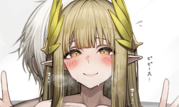 1boy 1girl arknights blush brown_eyes brown_hair closed_mouth collarbone commentary_request grey_background hair_ornament hetero highres implied_sex long_hair looking_at_viewer muelsyse_(arknights) pointy_ears short_hair simple_background smile sweat tab_head white_hair