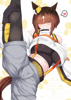 1girl animal_ears black_gloves black_pantyhose black_sports_bra blunt_bangs bob_cut breasts brown_hair commentary_request cosplay crop_top detached_sleeves elegg_(nikke) elegg_(nikke)_(cosplay) feet_out_of_frame gloves goddess_of_victory:_nikke grey_shorts hair_over_eyes heart highres hisagi_(hisagi00) horse_ears horse_girl horse_tail large_breasts multicolored_hair pantyhose roots_(hair) short_hair shorts solo split spoken_heart sports_bra standing standing_on_one_leg standing_split suspenders tail transcend_(umamusume) umamusume white_background white_sleeves