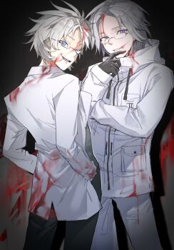 2boys aotsuki_eito black_gloves black_pants blood blood_on_clothes blood_on_face blue_eyes chinese_commentary color_connection commentary_request crossover drawstring eye_color_connection glasses gloves grey_hair grin hair_color_connection hand_on_own_chin high_collar highres jacket kanou_aogu lethe_(jiaodidezheshelu) long_sleeves male_focus multiple_boys open_mouth pants pocket rectangular_eyewear red_pupils saibou_shinkyoku semi-rimless_eyewear short_hair smile the_hundred_line_-last_defense_academy- variant_set white_jacket white_pants