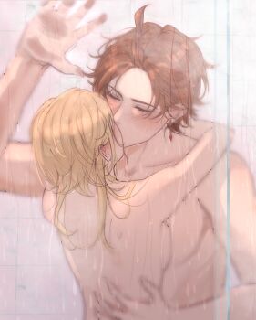 1boy 1girl against_glass aitsuwu arms_around_neck blonde_hair blush breast_press closed_eyes completely_nude couple cowlick ear_blush earrings forehead gem genshin_impact hand_on_another's_back hand_on_glass hetero highres jewelry kiss lumine_(genshin_impact) middle_part mixed-sex_bathing nude orange_hair pectoral_press red_gemstone shared_bathing short_hair shower_(place) showering tartaglia_(genshin_impact) tile_wall tiles toned toned_male wet wet_hair