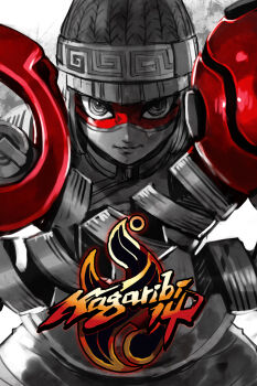 1girl arms_(game) beanie blunt_bangs domino_mask extendable_limbs eye_mask greyscale hat hungry_clicker knit_hat looking_at_viewer mask meandros megawatt_(arms) min_min_(arms) monochrome nintendo ramram_(arms) ringed_eyes short_hair solo spot_color super_smash_bros. upper_body