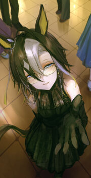 1girl absurdres animal_ears ballroom black_dress black_gloves blonde_hair blue_eyes brown_hair dream_journey_(umamusume) dress ear_ornament elbow_gloves floral_print formal_clothes from_above glasses gloves hair_over_one_eye half-closed_eyes highres horse_ears horse_girl horse_tail indoors long_bangs looking_at_viewer looking_over_eyewear multicolored_hair parted_lips people reaching reaching_towards_viewer seikatsu short_hair single_hair_intake sleeveless sleeveless_dress standing tail tiles tinted_eyewear umamusume white_hair