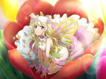 Rule 34 | 1girl, andersen's fairy tales, aqua eyes, blonde hair, butterfly wings, cosplay, dress, earrings, fake wings, flower, flower earrings, game cg, head wreath, insect wings, jewelry, long hair, looking at viewer, mini person, official art, on flower, parted lips, shoujo kageki revue starlight, shoujo kageki revue starlight -re live-, sleeveless, sleeveless dress, solo, thumbelina (andersen), thumbelina (andersen) (cosplay), wavy hair, white dress, wings, yumeoji shiori