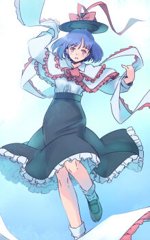 1girl black_hat black_shoes black_skirt blue_background blue_hair blush bow capelet commentary_request floating_hat foot_out_of_frame frilled_capelet frilled_ribbon frills gradient_background hands_up hat hat_bow hat_ribbon knees long_sleeves nagae_iku one-hour_drawing_challenge open_mouth petticoat rangycrow red_bow red_hair red_ribbon ribbon shirt shoes skirt smile solo touhou white_shirt