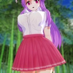 1girl 3d animal_ears animated bouncing_breasts breasts cleavage downblouse hanging_breasts large_breasts leaning_forward light_purple_hair looking_at_viewer mofumoko5 no_bra purple_eyes rabbit_ears reisen_udongein_inaba skirt smile solo touhou video