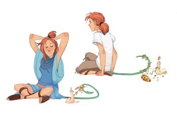 1girl 1other blue_shirt blue_skirt breasts brown_pants greekceltic jacky_(greekceltic) orange_hair original pants ponytail sandals shirt short_sleeves simple_background sitting skirt smile tail white_background white_shirt