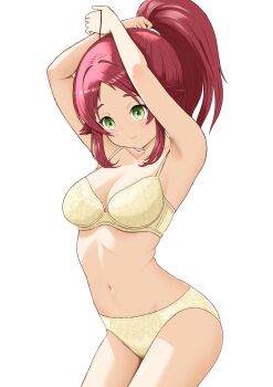 1girl adjusting_hair aisha_greyrat armpits arms_up bra breasts cleavage closed_mouth collarbone commentary_request cowboy_shot grabbing_own_hair green_eyes hair_lift hair_tie hands_in_own_hair highres holding holding_hair_tie holding_own_hair light_blush long_hair mushoku_tensei navel panties ponytail red_hair rora_(user_vgpk4444) simple_background solo tying_hair underwear underwear_only white_background white_bra white_panties