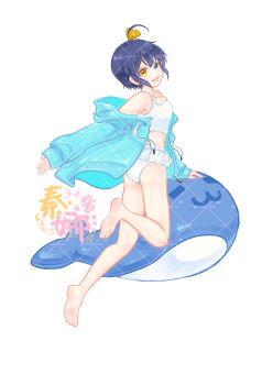 1girl :d ass bare_shoulders barefoot bikini black_hair breasts chuunibyou_demo_koi_ga_shitai! commentary_request green_eyes grey_jacket gu_shi hair_ribbon heterochromia highres inflatable_toy jacket looking_at_viewer no_eyepatch one_side_up open_clothes open_jacket open_mouth ribbon short_hair small_breasts smile swimsuit takanashi_rikka translation_request white_background white_bikini yellow_eyes yellow_ribbon