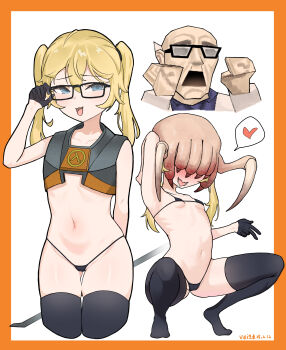 1boy 2girls :3 absurdres bikini black_gloves black_thighhighs blonde_hair glasses gloves gordon_freeman grey_eyes half-life_(series) headcrab highres loli looking_at_viewer m_legs multiple_girls navel open_mouth scientist spread_legs squatting standing string_bikini swimsuit thighhighs twintails vei_shengsu white_background