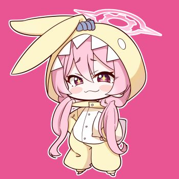 +_+ 1girl :3 absurdres animal_ear_hood animal_ears blue_archive blush_stickers chibi chibi_only closed_mouth commentary fake_animal_ears full_body furrowed_brow hair_between_eyes halo hands_on_own_hips highres holding holding_pillow hood hood_up koyuki_(blue_archive) koyuki_(pajamas)_(blue_archive) long_hair looking_at_viewer low_twintails nckak9rjjdjff4e official_alternate_costume official_alternate_hairstyle outline pajamas pillow pink_background pink_hair pink_halo rabbit_ears red_eyes short_eyebrows simple_background smile smug solo standing thick_eyebrows twintails very_long_hair white_outline yellow_pajamas