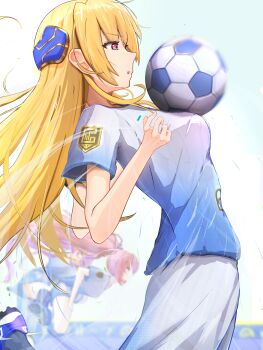 3girls absurdres ball blonde_hair blue_shirt breasts cowboy_shot from_side heaven_burns_red highres jersey jumping kura_satomi large_breasts long_hair medium_breasts motion_blur multiple_girls open_mouth parted_lips pink_eyes pink_hair ponytail psy_(artist) red_eyes shirakawa_yuina shirt shoes short_sleeves shorts sneakers soccer soccer_ball soccer_uniform socks solo_focus sportswear standing tsukishiro_monaka very_long_hair white_shorts