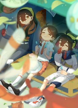 1boy 2girls ahoge arm_support belt belt_buckle blue_jacket blurry blurry_foreground braid brown_hair buckle buttons carmine_(pokemon) closed_eyes closed_mouth collared_shirt commentary_request crossed_bangs eating falling_leaves food gen_1_pokemon gen_2_pokemon gloves hair_between_eyes hairband highres holding jacket juliana_(pokemon) kieran_(pokemon) leaf long_sleeves mole mole_under_eye multiple_girls necktie nintendo orange_necktie orange_shorts pants pokemon pokemon_(creature) pokemon_sv popsicle red_gloves school_uniform shirt shoes shorts sitting smile socks suzuran_moi swinub vulpix white_belt white_shirt white_socks yellow_hairband