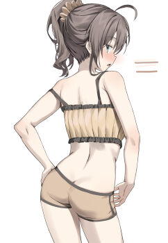 1girl absurdres ahoge ass back bare_arms bare_shoulders blue_eyes brown_hair butt_crack commentary cowboy_shot crop_top from_behind hair_ornament hair_scrunchie hand_on_own_hip highres hololive long_hair looking_at_viewer looking_back median_furrow midriff natsuiro_matsuri natsuiro_matsuri_(matsuri&#039;s_day_off) open_mouth ponytail ribbed_shirt scarlet_(wv0102) scrunchie shirt short_shorts shorts simple_background sleeveless sleeveless_shirt solo strap_slip symbol-only_commentary virtual_youtuber white_background yellow_shirt yellow_shorts