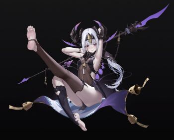 1girl absurdres barefoot feet highres horns kuaiman_banji long_hair looking_at_viewer mole mole_under_mouth original red_eyes soles stirrup_legwear thighhighs toeless_legwear toes white_hair