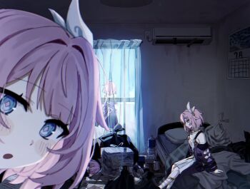 1girl :o air_conditioner bare_shoulders bed_sheet blue_eyes bottle breasts calendar_(object) can coat curtains cyrene_(honkai:_star_rail) dress drink_can hashtag-only_commentary highres honkai:_star_rail honkai_(series) indoors jewelry looking_at_viewer messy_room necklace newspaper_stack nijikun on_bed pink_hair pink_pupils purple_coat revision short_hair sitting small_breasts smile trash_bag white_dress
