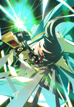 1girl absurdres animal_ear_fluff animal_ears aqua_jacket black_hair blunt_bangs bm_tol closed_eyes commentary fox_ears fox_girl glowing highres hoshimi_miyabi jacket large_ears long_hair sheath symbol-only_commentary unsheathing very_long_hair zenless_zone_zero